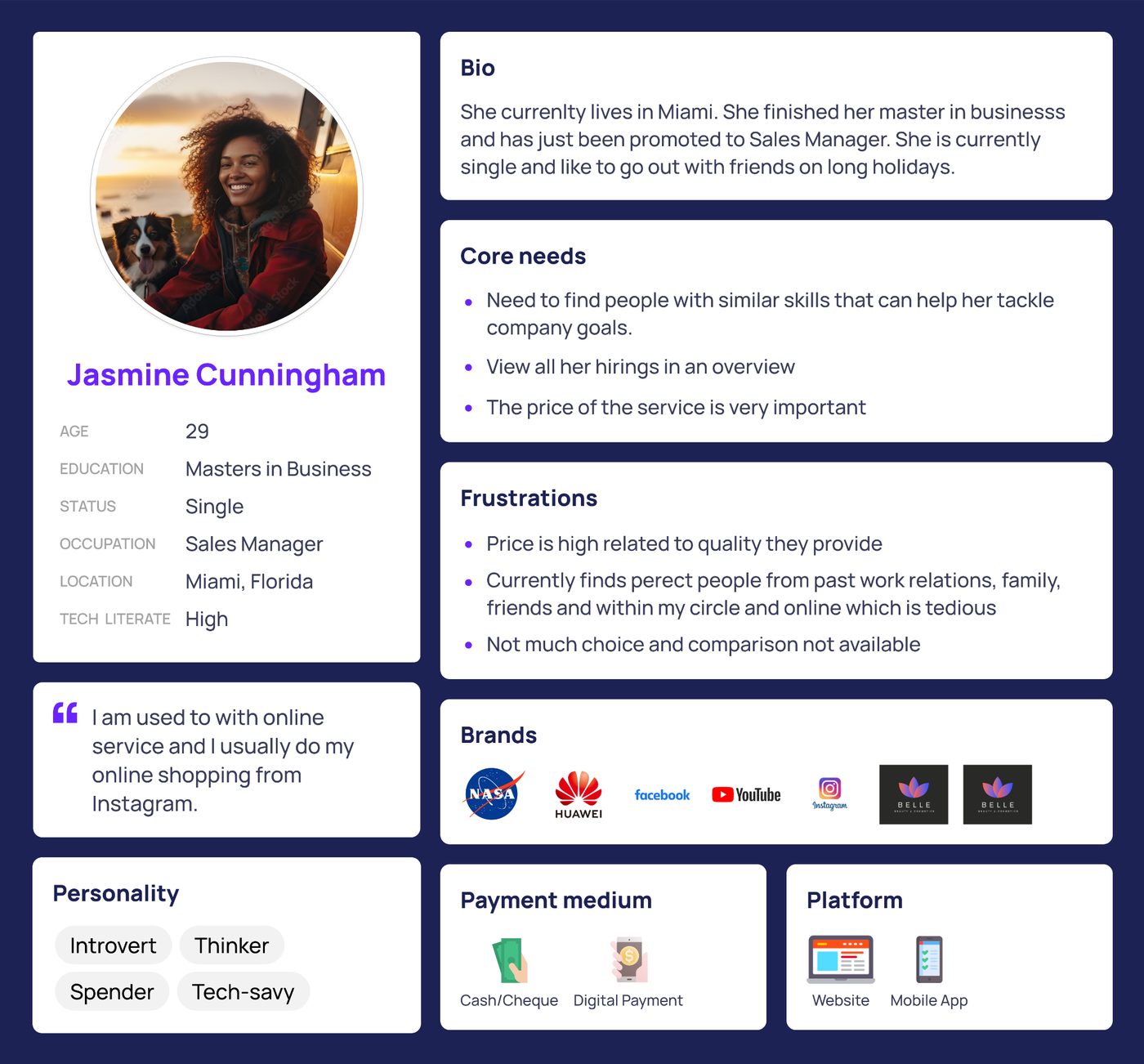 Refined ASPCA user persona card for Jasmine, showing her bio, goals, and personality traits