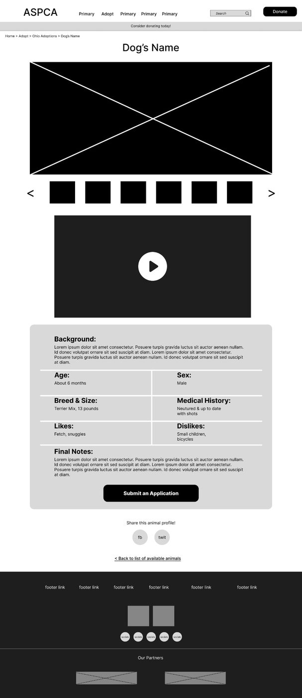 Progression of ASPCA wireframes from low to high fidelity