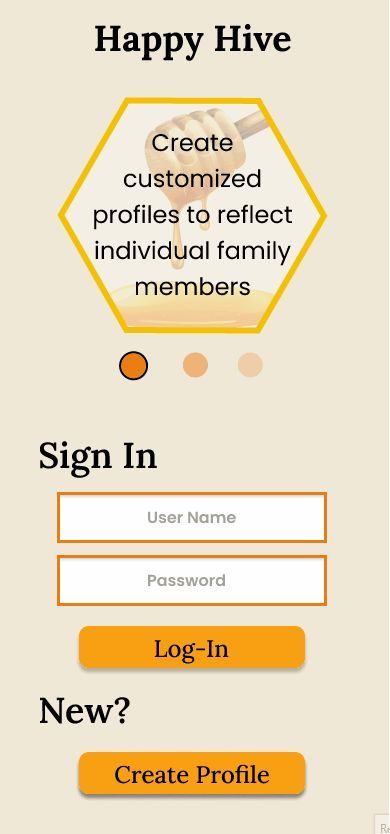 Happy Hive app sign in and profile creation screen