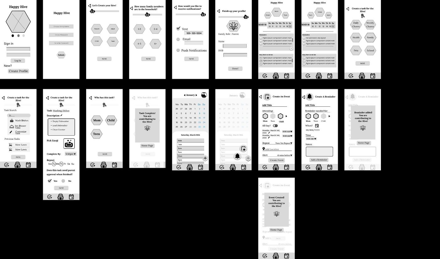Digital wireframes for the Happy Hive app