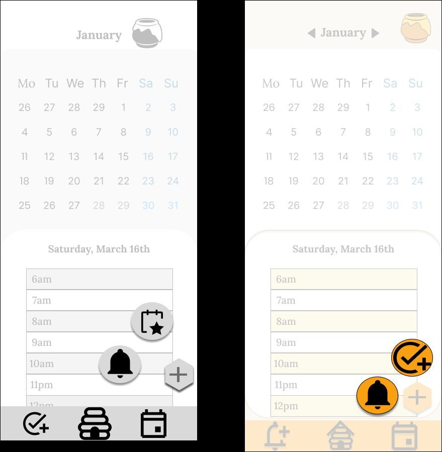 Calendar and reminder screens before and after iteration