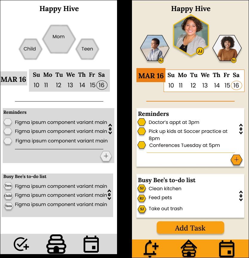 Happy Hive home screen before and after iteration