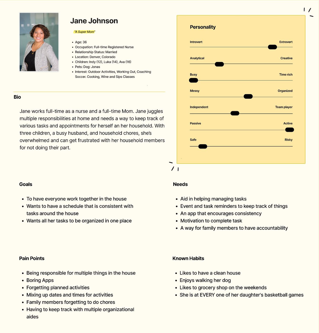Jane Johnson refined user persona card with bio, goals, needs, and pain points