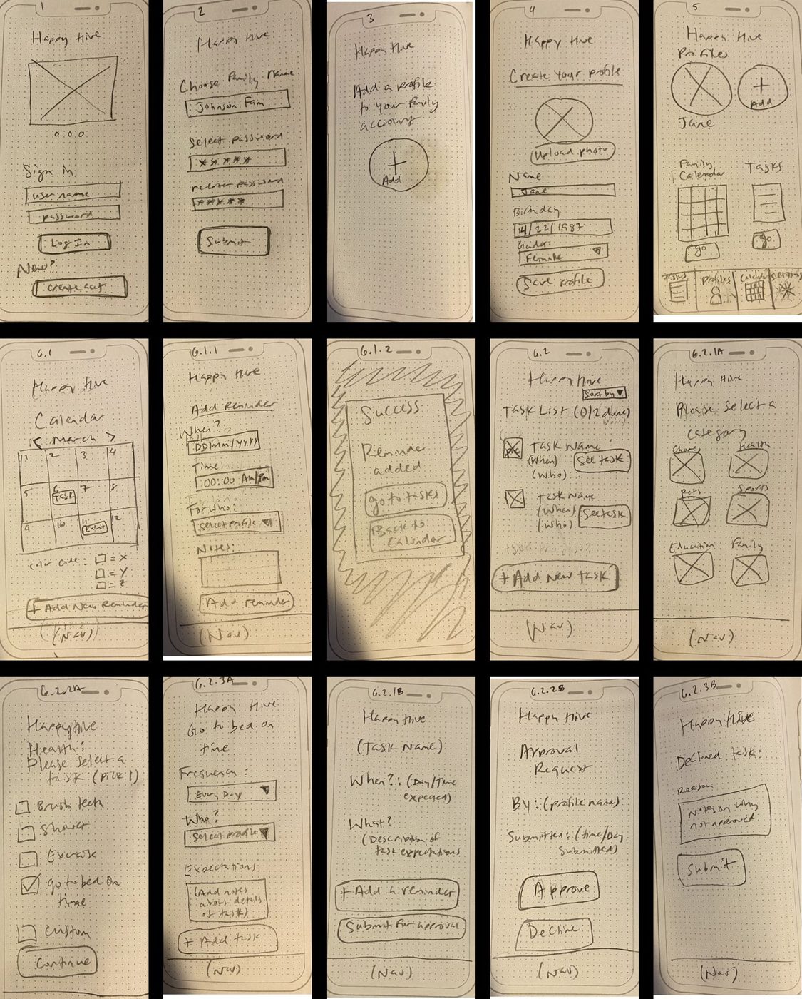 Early paper sketches of Happy Hive app screens