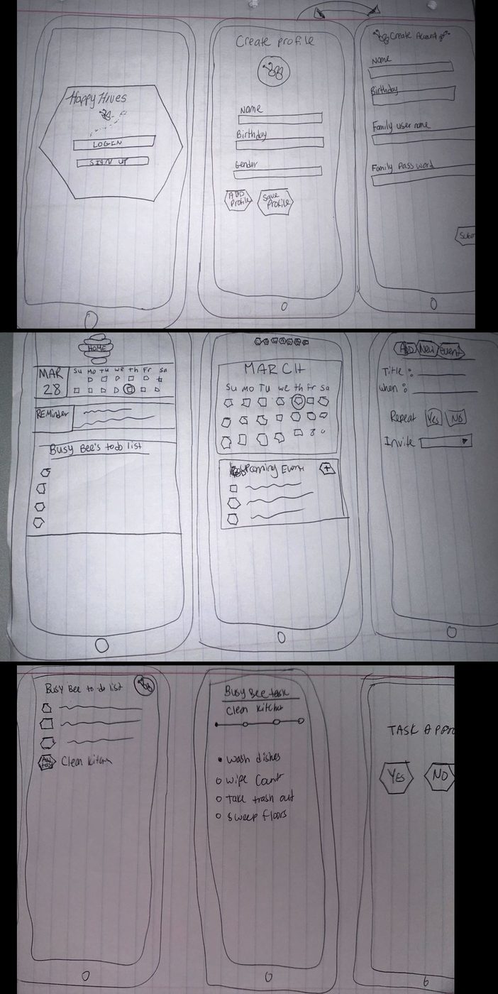 Additional paper sketches of Happy Hive app screens