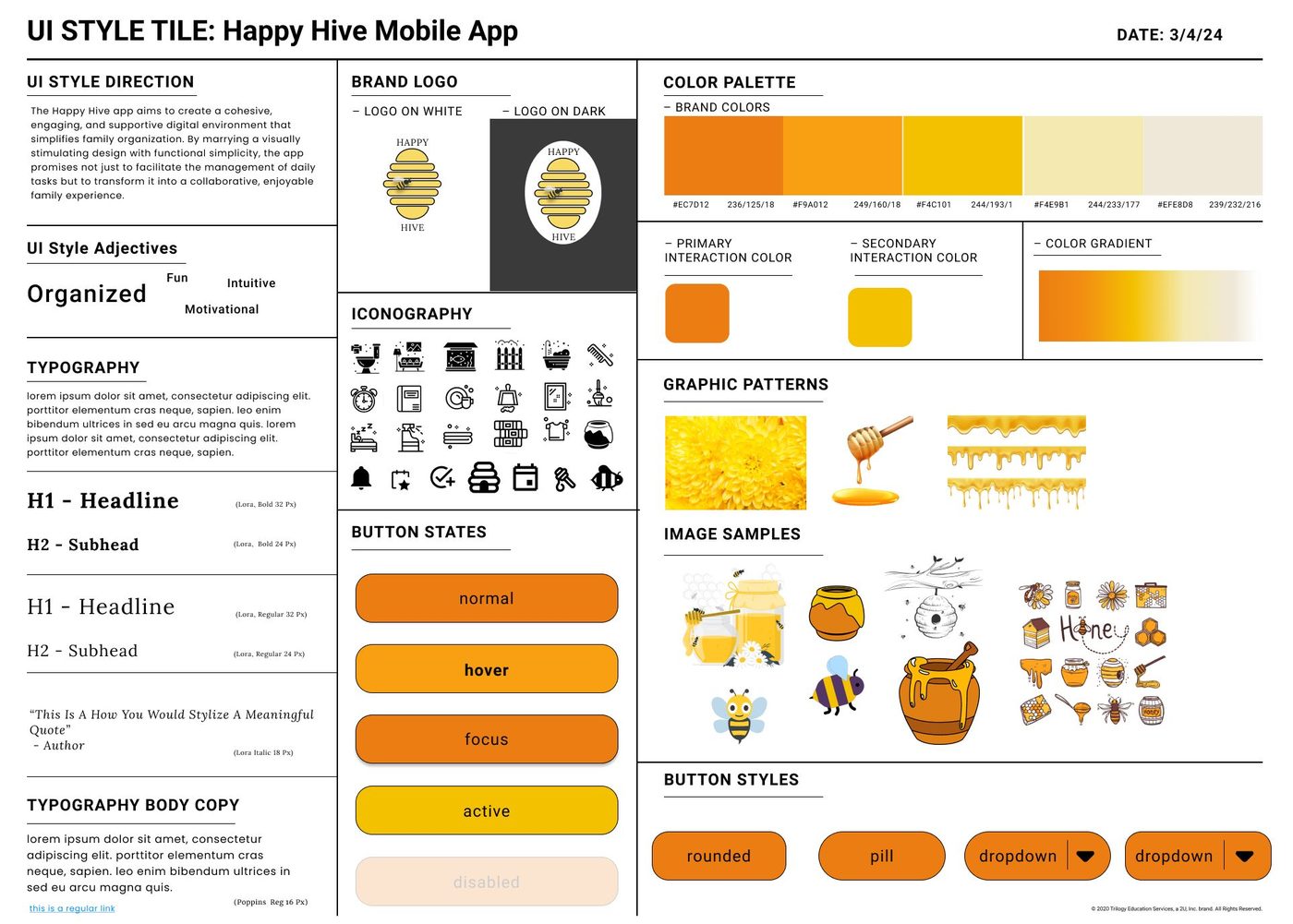 Happy Hive UI style tile with logo, iconography, color palette, and button states